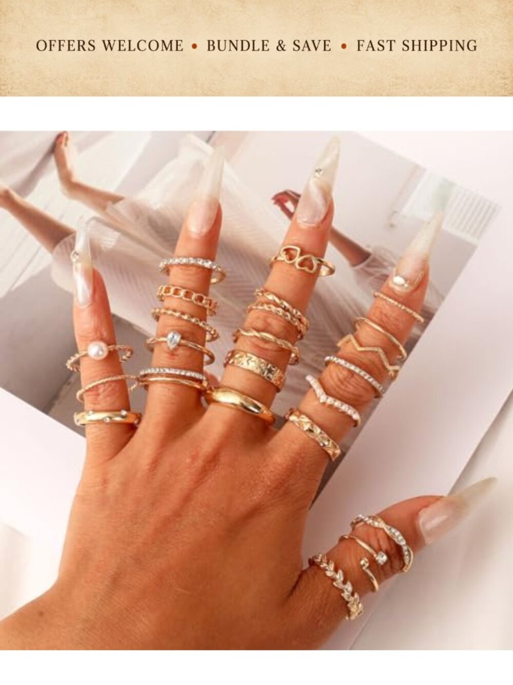 14K Gold Plated Crystal Knuckle Rings Set Stackable Mixed Size 43pc - Picture 3 of 6
